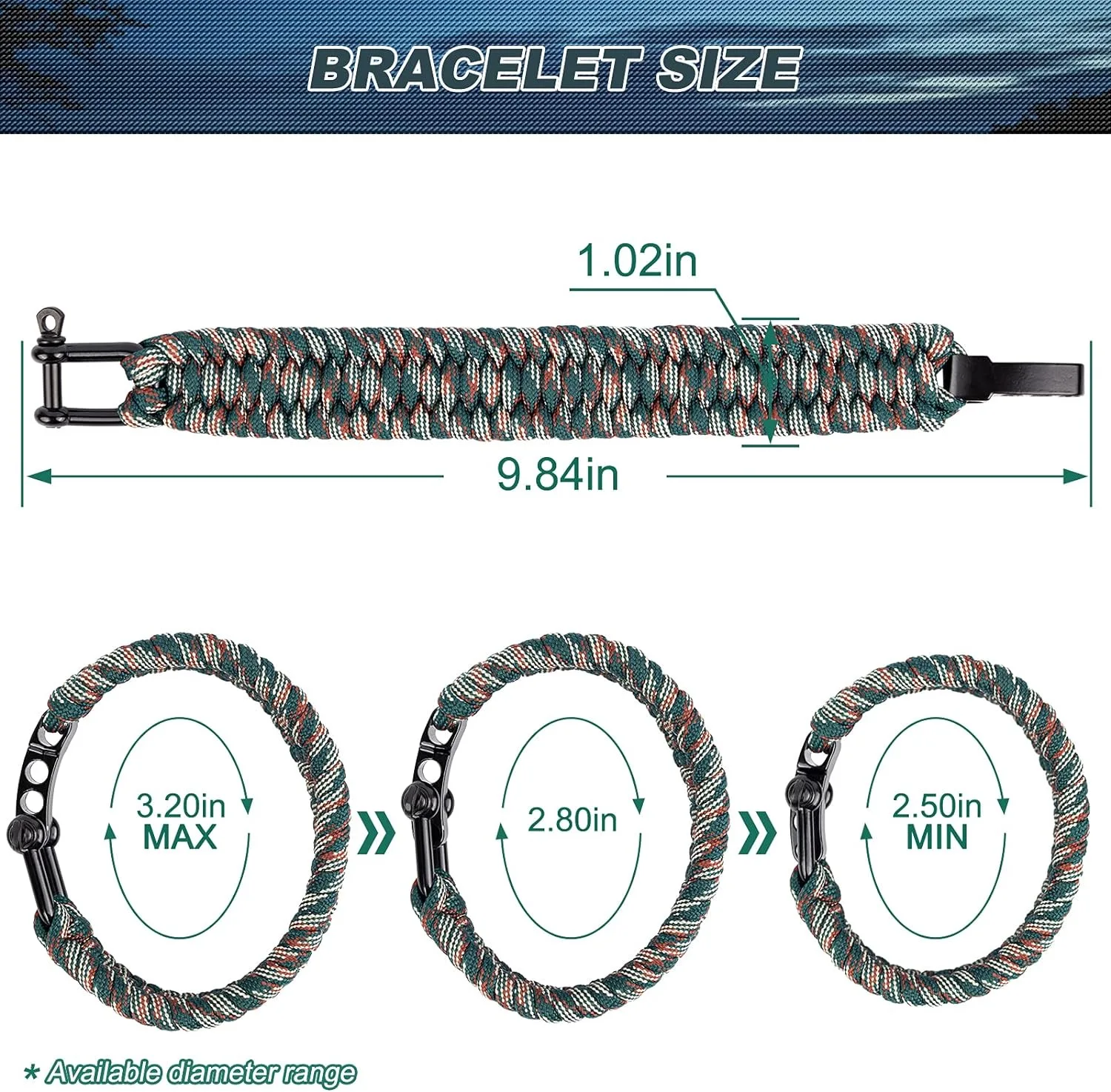 Paracord Bracciale di Sopravvivenza Regolabile 3 Fori Lega U Fibbia Camo Intrecciato 7 Core Corda di Campeggio Esterna Escursionismo Strumenti Per