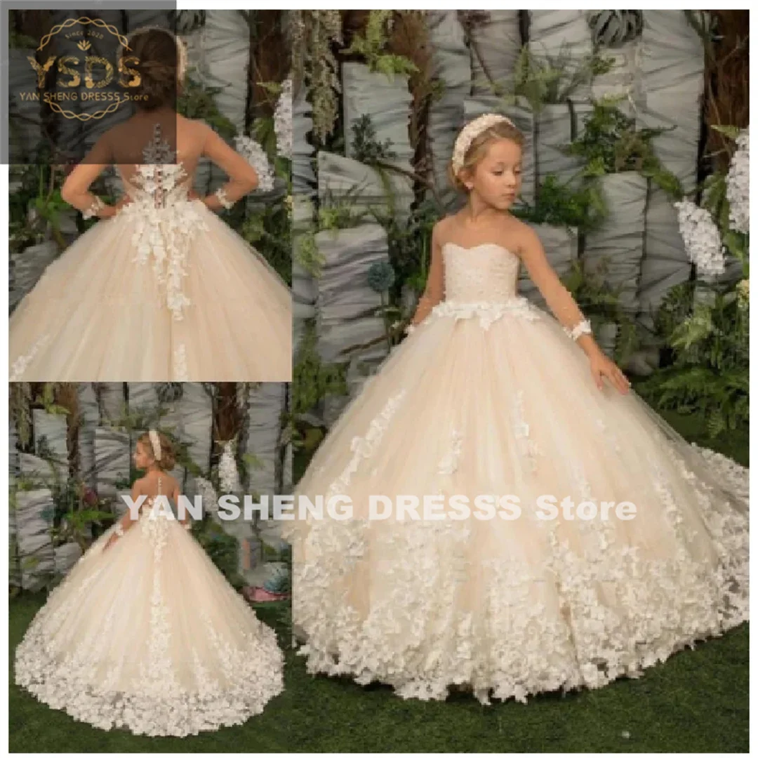 Flower Girl Dress Three Quartersleeve Appliqué Children Wedding Party Gowns New Kids Clothes Princess First Communion