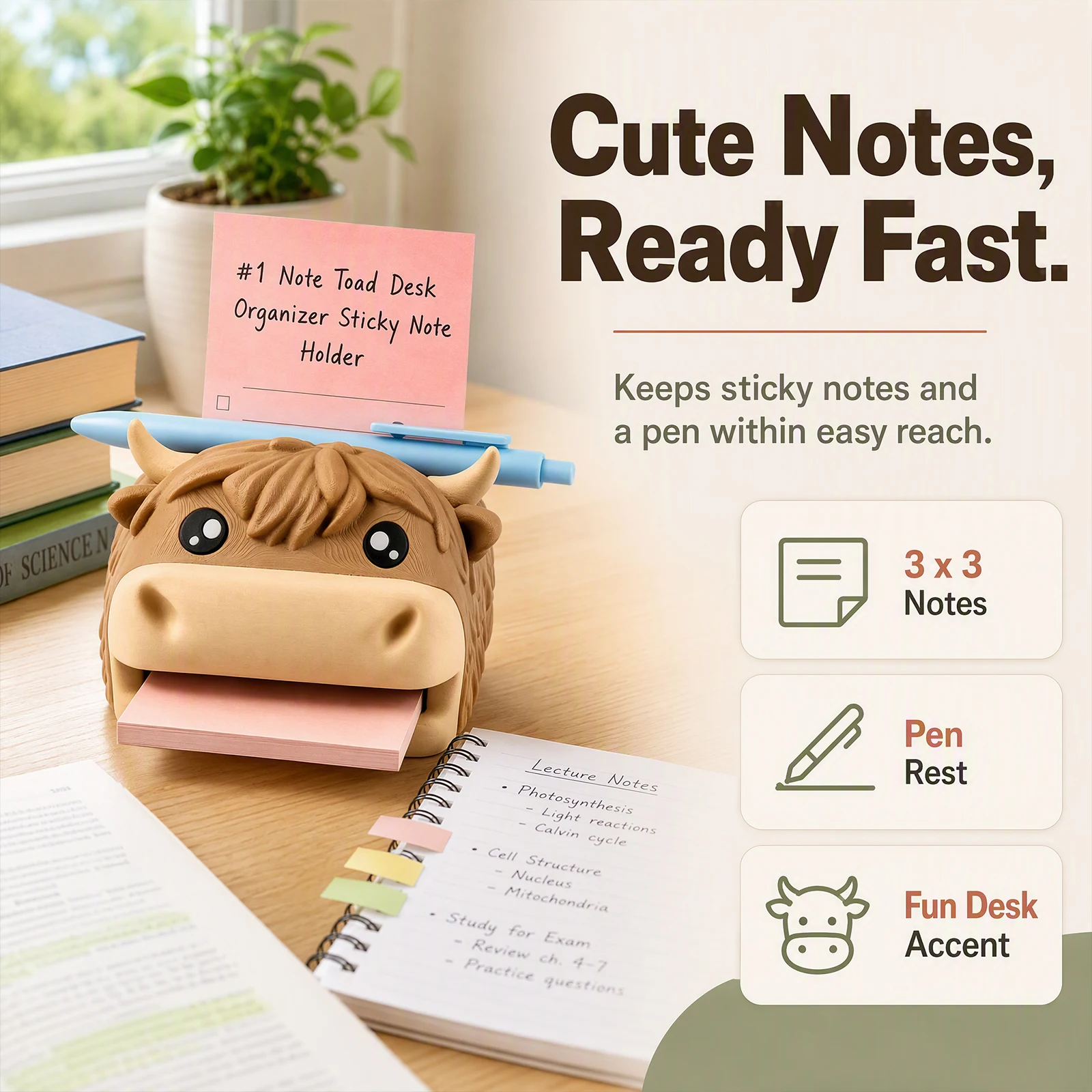 Desk Organizer Pen Holder Pencil Stand, Cute Resin Frog Hippo Cow Note Dispenser with Sticky Memo Photo Slot, Office Stationery