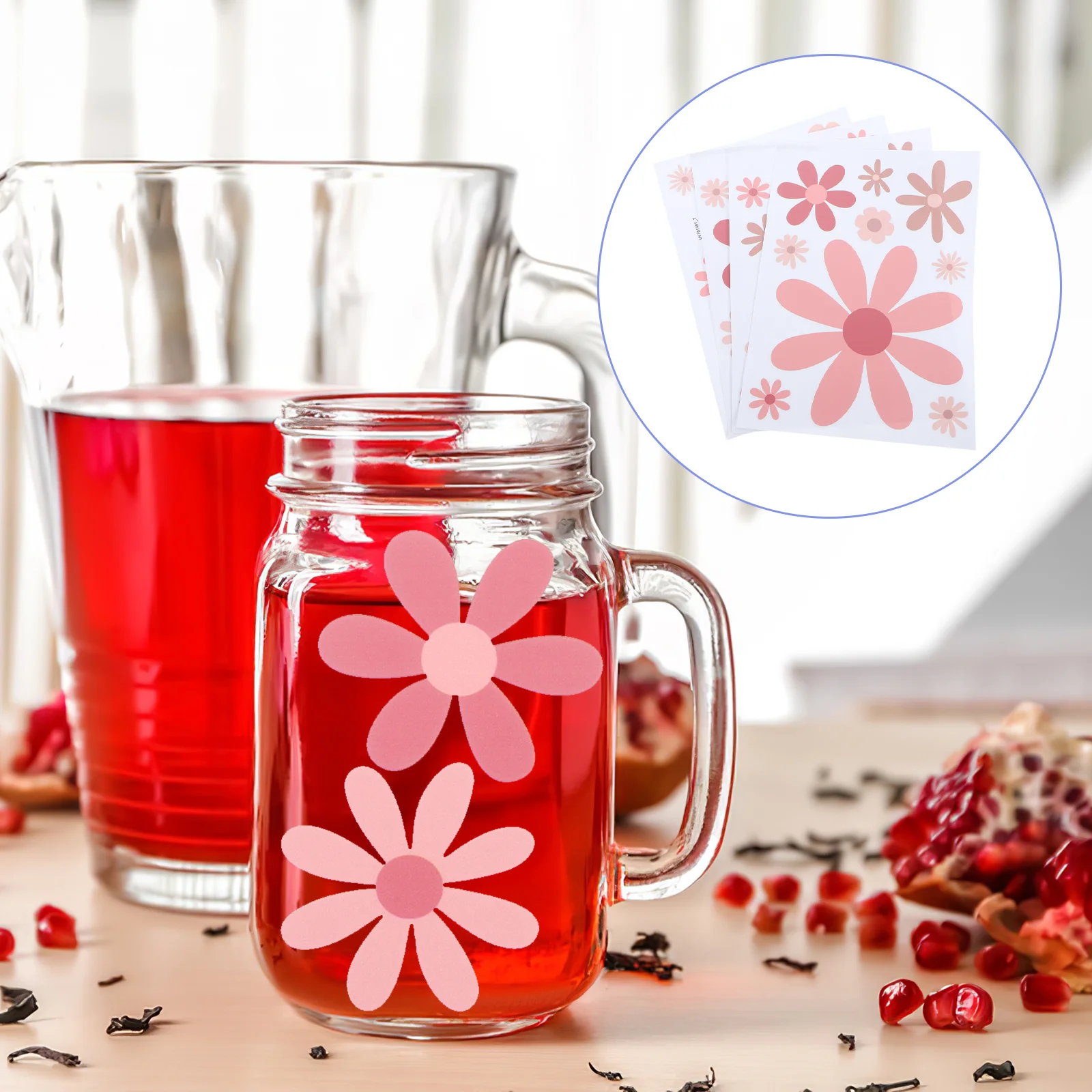 4 hojas de pegatinas de transferencia de envoltura de taza de vidrio Uv, impermeables, duraderas, con patrón Floral, calcomanía para frotar, tazas de café DIY