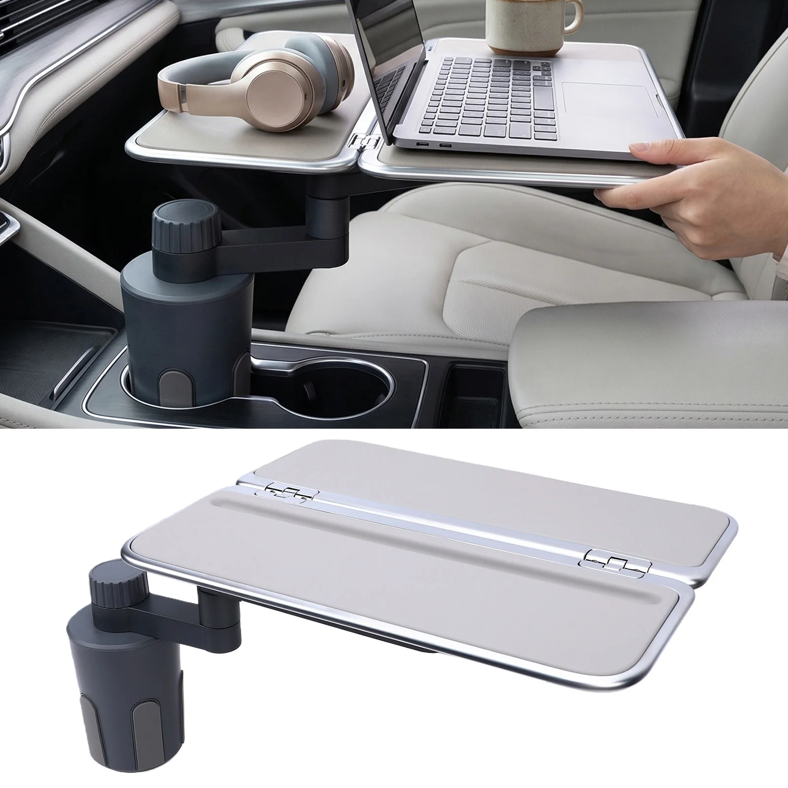 New Car Tray Car Desk for Laptop Car Food Tray Aluminum Alloy Cup Holder 360° Rotating Foldable Car Food Tray with Phone Stand
