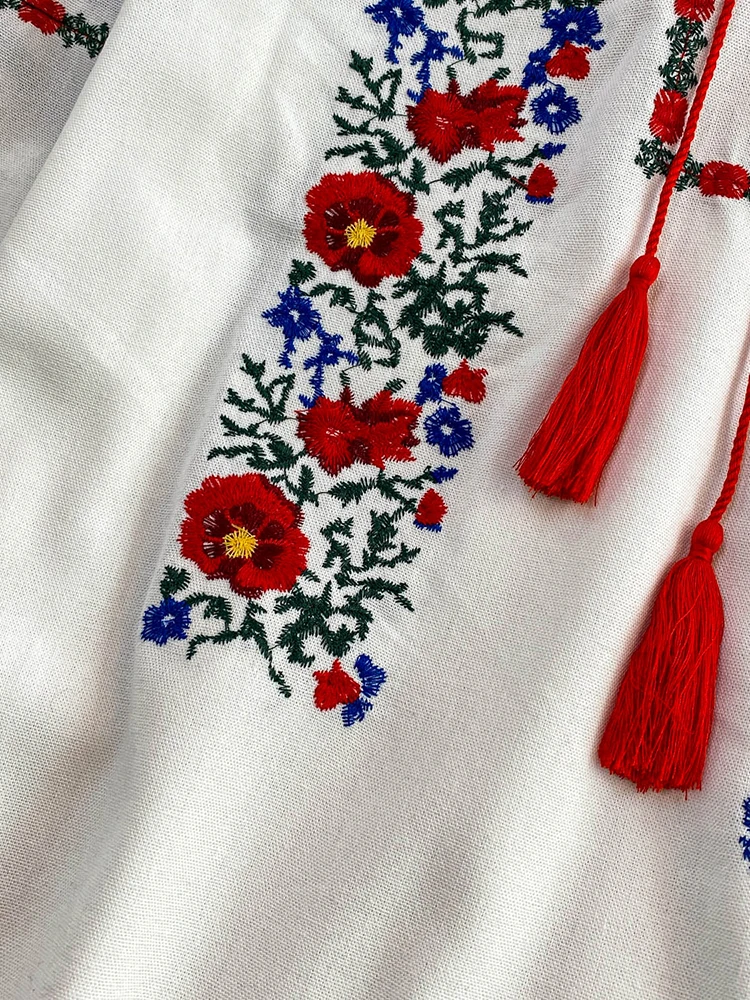 المرأة الخريف البوهيمي بلوزة العرقية المطرزة س الرقبة قميص عادية ربطة القوس فيونكة فضفاضة الكتان القطن الإناث البلوفرات فتاة BL256 #4