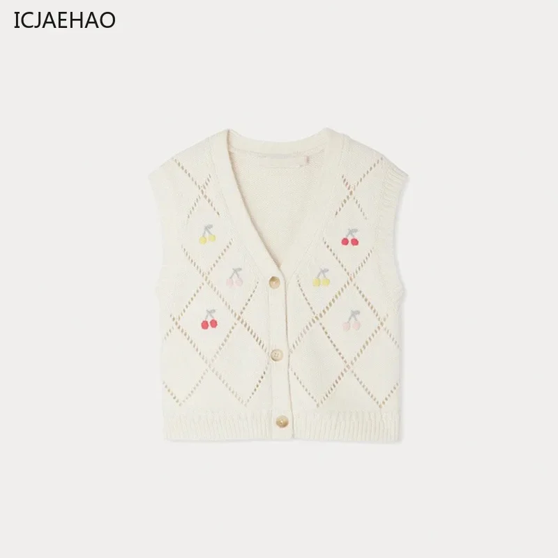 ICJAEHAO 2025 Children's Cotton Sweater Top Autumn and Winter Clothing Baby New Handmade Embroidered Vest Girls' Cherry Knitted