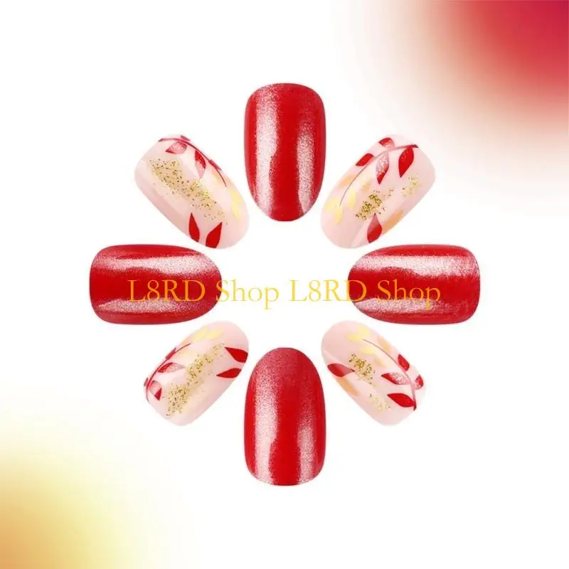 L8RD Leaves False Nails Almond Full Cover on Nails Thanksgiving Press On Nails Manicures Supplies for Woman
