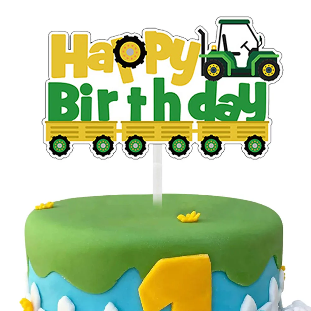 Green Tractor Happy Birthday Cake Topper and Cupcake Toppers for  Baby Shower Farm Vehicle Green Tractor Birthday Party Supplies