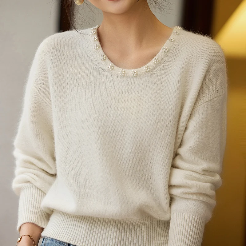Mode 100% laine mérinos perles exquises col rond pull pull cachemire manches longues couleur unie doux mode vêtements haut