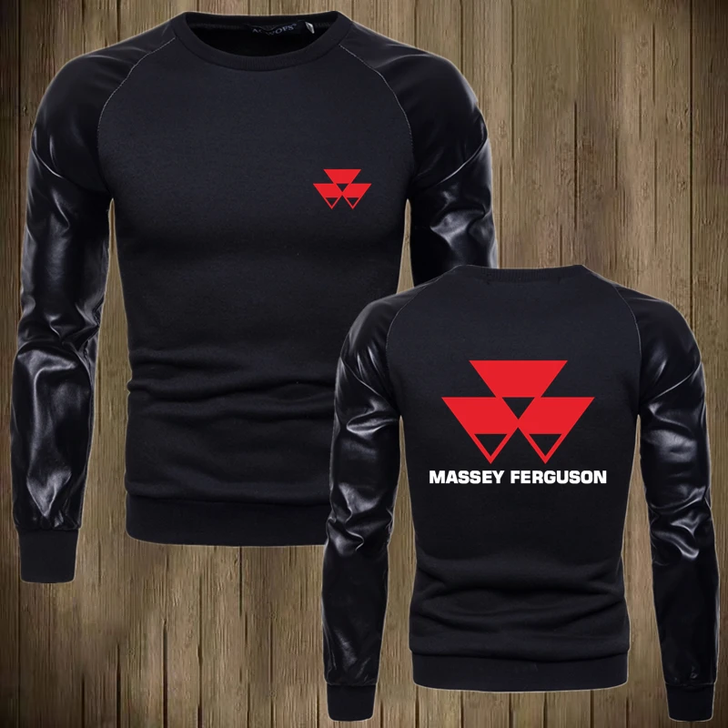 2021 New MASSEY FERGUSON Logo Print Custom Made Spliced Leather Sleeve Men O Neck Pullover Hoodie Casual Hip Hop Man Wild Trend