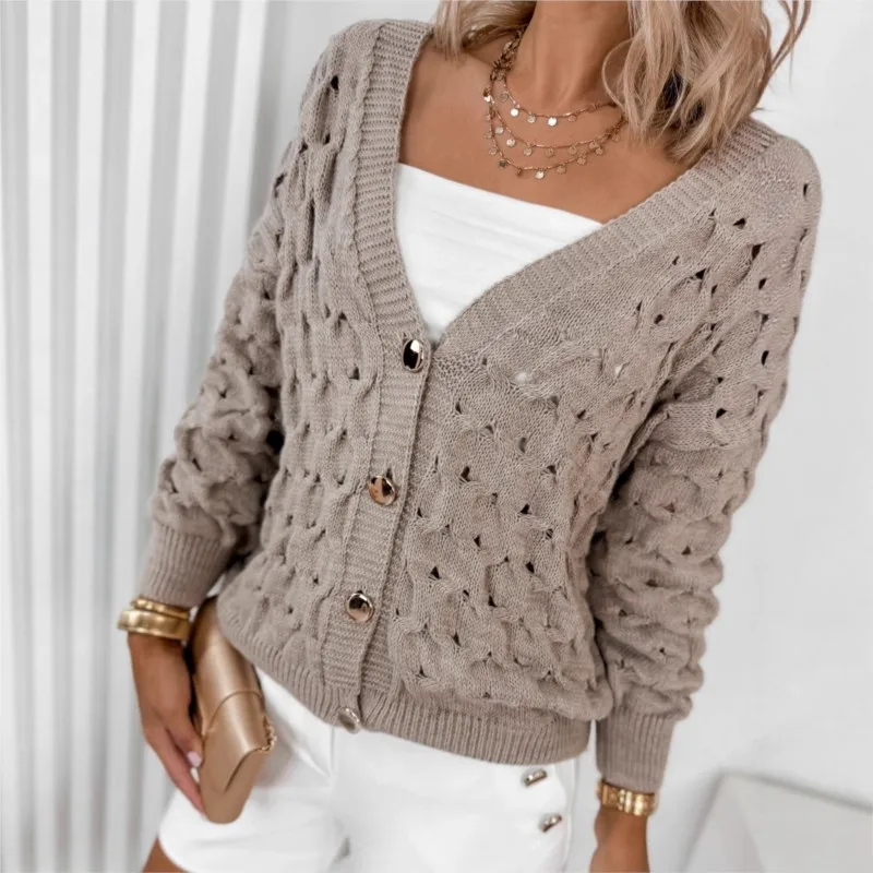 Women's cardigan sweater khaki Spring/ autumn/winter loose casual  jacket knitted long sleeved top basic Simple