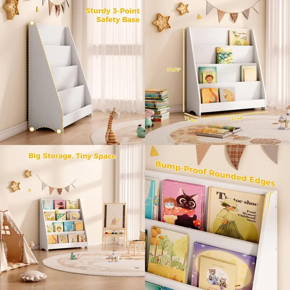 

Montessori Toddler Wooden 4-Tier Bookshelf, White, Front-Facing for Kids' Nursery, Playroom, and Classroom