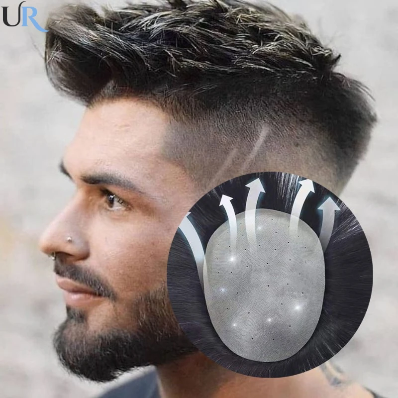 Tupé de cabello humano para hombres, pelucas transpirables, sistemas de cabello Natural, Base de piel biológica, prótesis de cabello Masculino