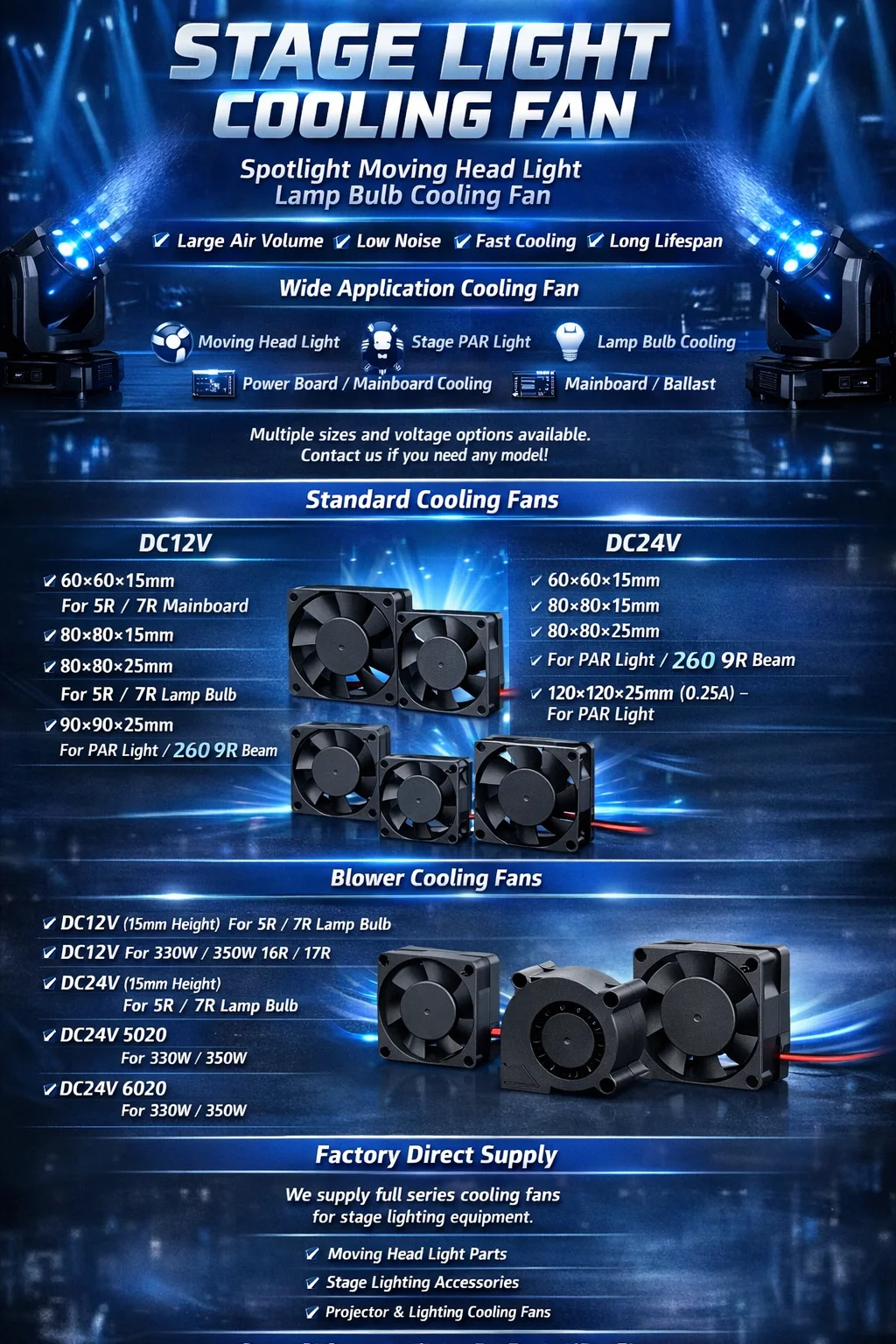 5PCS Stage Lighting Cooling Fan 12V 24V Worm Gear Bearing for 5R 7R 8R 9R 10R 17R 200W 230W 250W 260W 280W 350W Beam Light