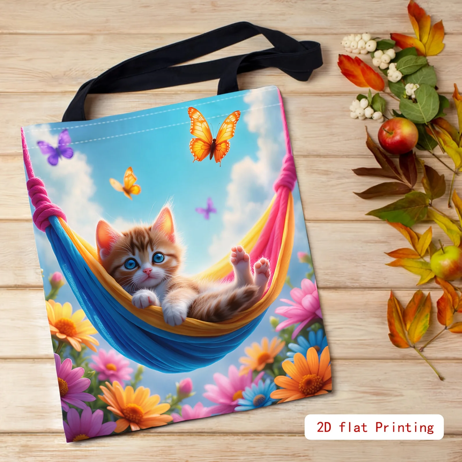 1pc Women's Kitten, Butterfly & Flower Print Tote Bag - Cute & Kitten Patterns with Fixed Strap, Durable Handbag