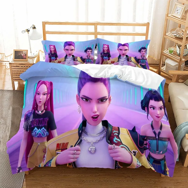 

Комплект постельного белья Kpops Demons Hunters с красочным принтом из полиэстера, простыня для студенческого общежития, пододеяльник, детский подарок, домашний текстиль