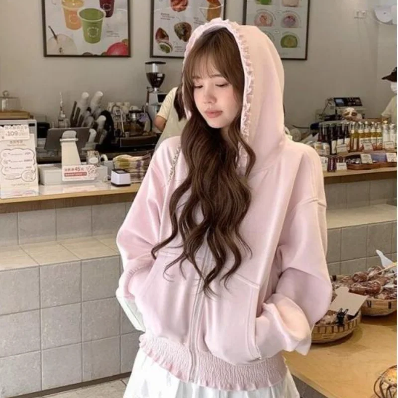 

Кардиган на молнии из мягкого полиэстера для женщин: свободная, приталенная модель с рюшами, универсальная, модная, с длинными рукавами, повседневная толстовка для ранней весны