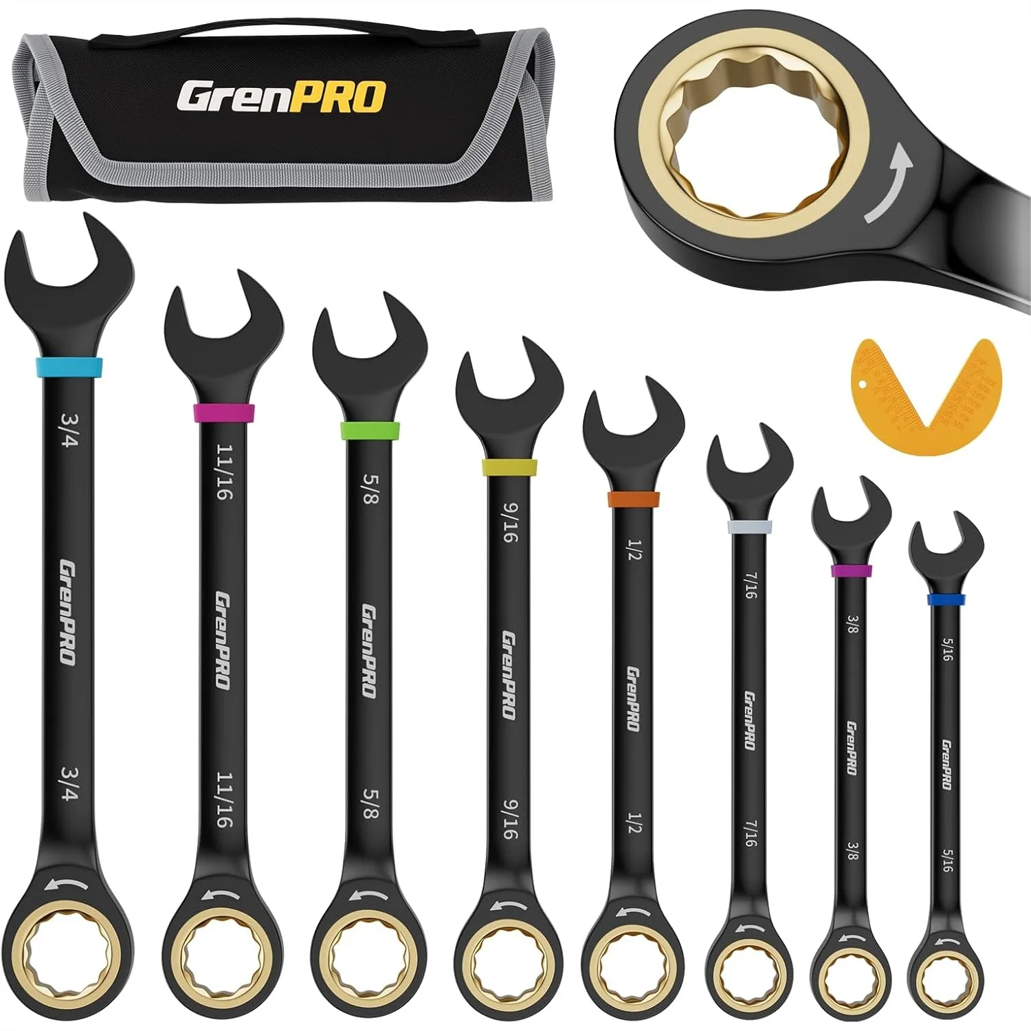 

9-Piece Ratcheting Wrench Set, SAE 5/16 to 3/4, 72-Tooth Long Box Open End with Roll Up Pouch and Gauge
