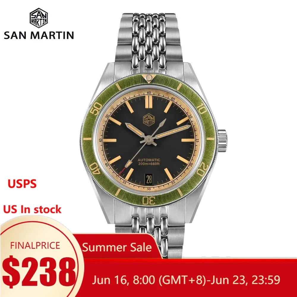 

San Martin 39.5mm Men Dive Watch Vintage Distressed Effect NH35 Automatic Mechanical Watch Waterproof 200m C3 Lume SN0116 Reloj