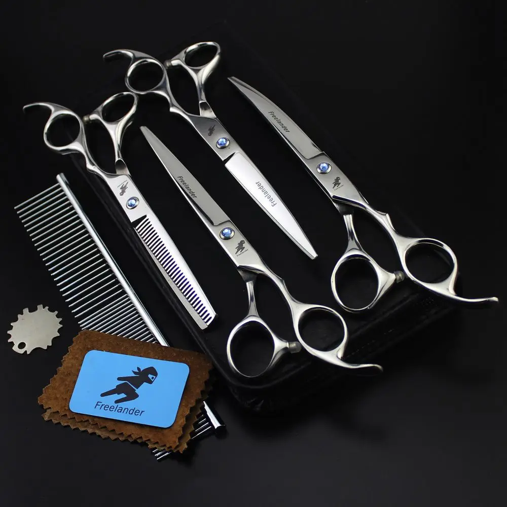 

Pet Grooming Scissors Set 7 Inch Professional Japan 440C Dog Shears Hair Cutting Thinning Curved Scissors