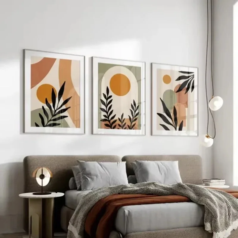 البوهيمي مجردة جدار الفن البيج الأخضر الطين الشمال الحديثة قماش اللوحة يترك كتلة غرفة نوم المشارك يطبع الصورة