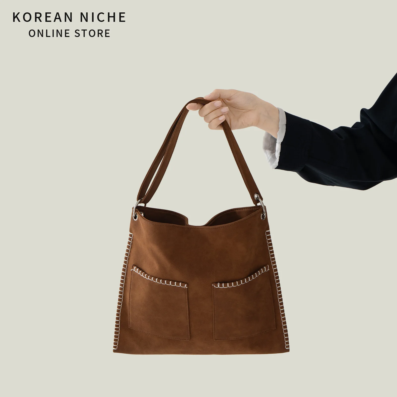Korean Style PU Suede Tote Bag Women Vintage Contrast Stitching Large Capacity Shoulder Bag Daily Commute Shopping Crossbody