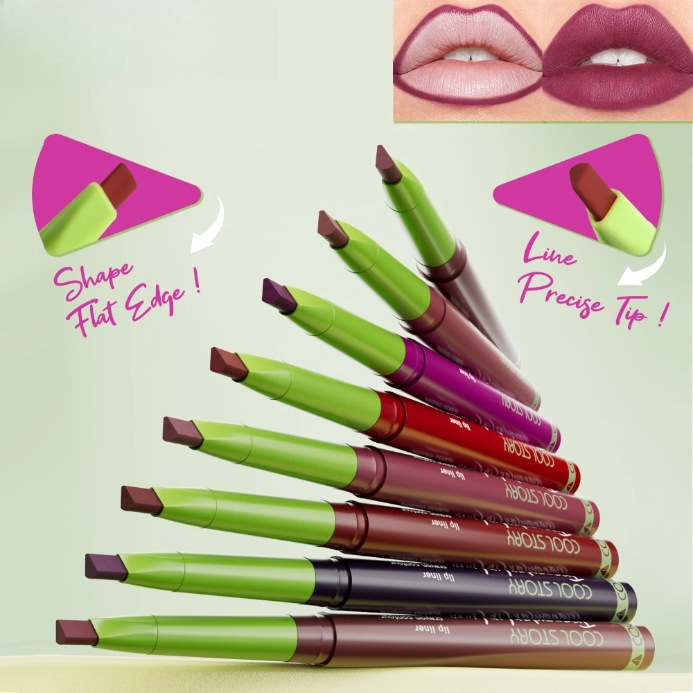 Zestaw konturówek do ust 8 szt. Matowe, trójkątne, wodoodporne, długotrwałe kredki do precyzyjnego konturowania i modelowania ust, odporne na rozmazywanie, do noszenia przez cały dzień.