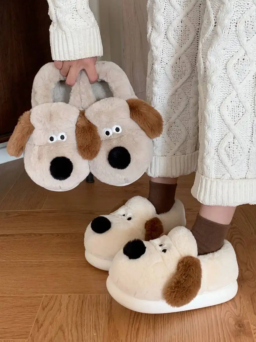 

Cute Puppy Cotton Home Slippers For Men And Women's Indoor Household Slipper Winter Warm Plush Thick Sole Home Shoes