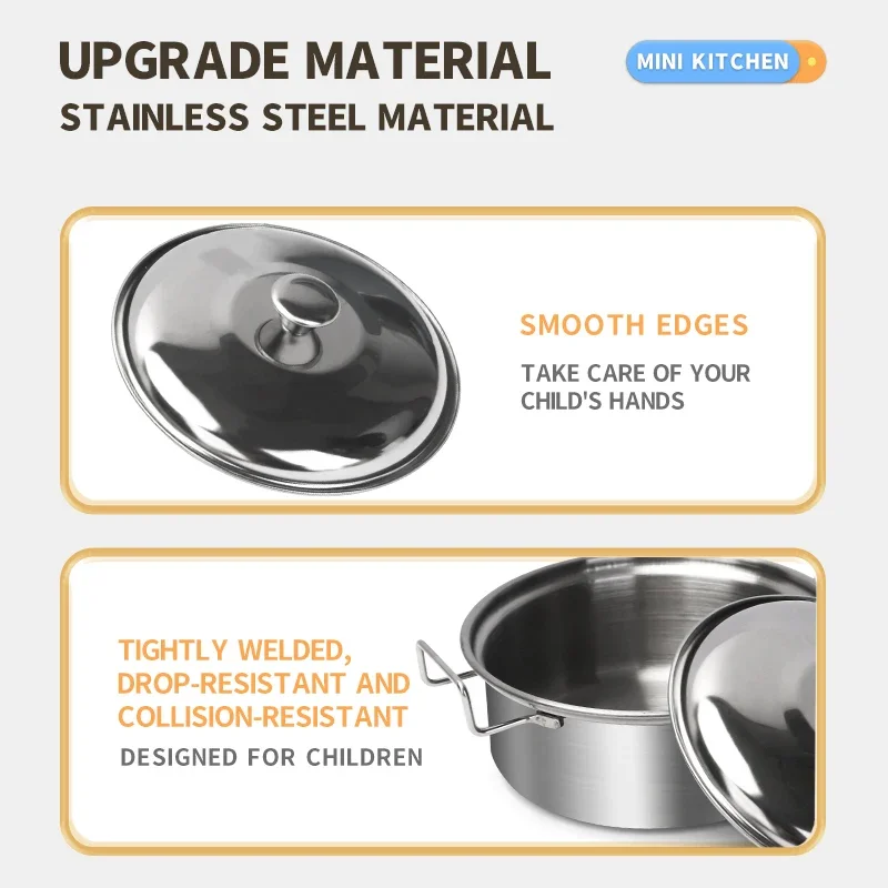 Zestaw zabawek kuchennych dla dzieci ze stali nierdzewnej z prawdziwymi metalowymi przyborami kuchennymi, garnkami i patelniami - akcesoria do zabawy w udawanie dla dzieci
