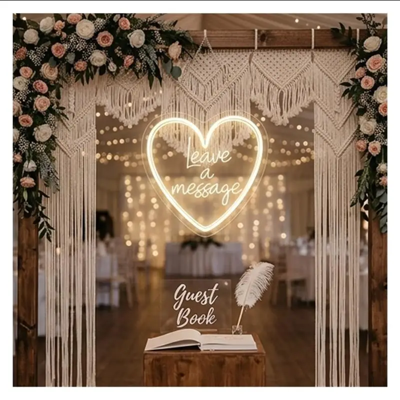 Leave A Message Neon Sign Heart Light USB Powered 3D Engrave For Wedding Guestbook Reception Art Decor Illuminated