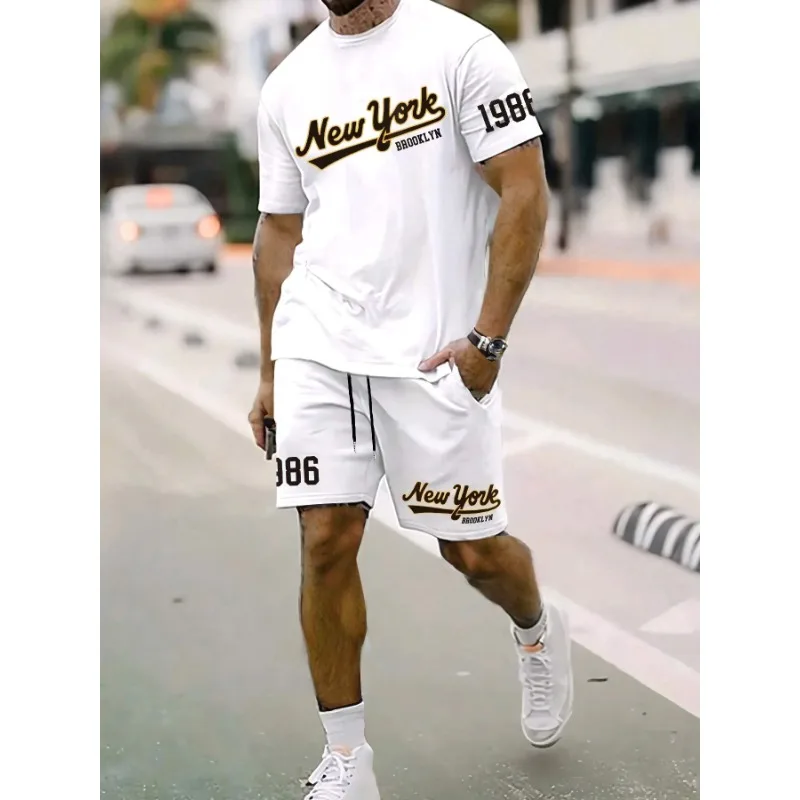 Fashion Men's Tracksuit 2 Piece Set Men's Sports T-shirt Shorts Set Short Sleeve T-shirts Elastic Waist Pocket Shorts Clothing