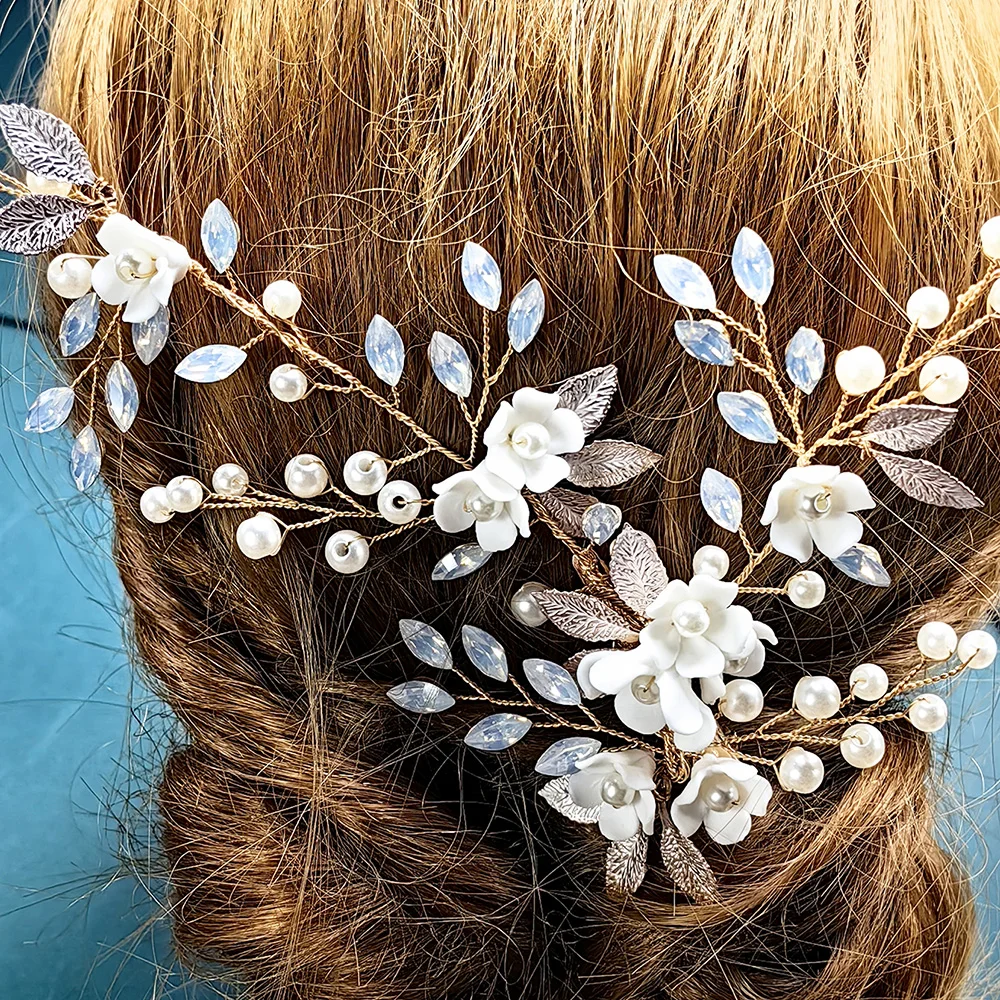 Fiore di porcellana pettine da sposa perla ornamento per capelli da sposa cristallo da sposa diadema da sposa e damigella d'onore strass per capelli Orname