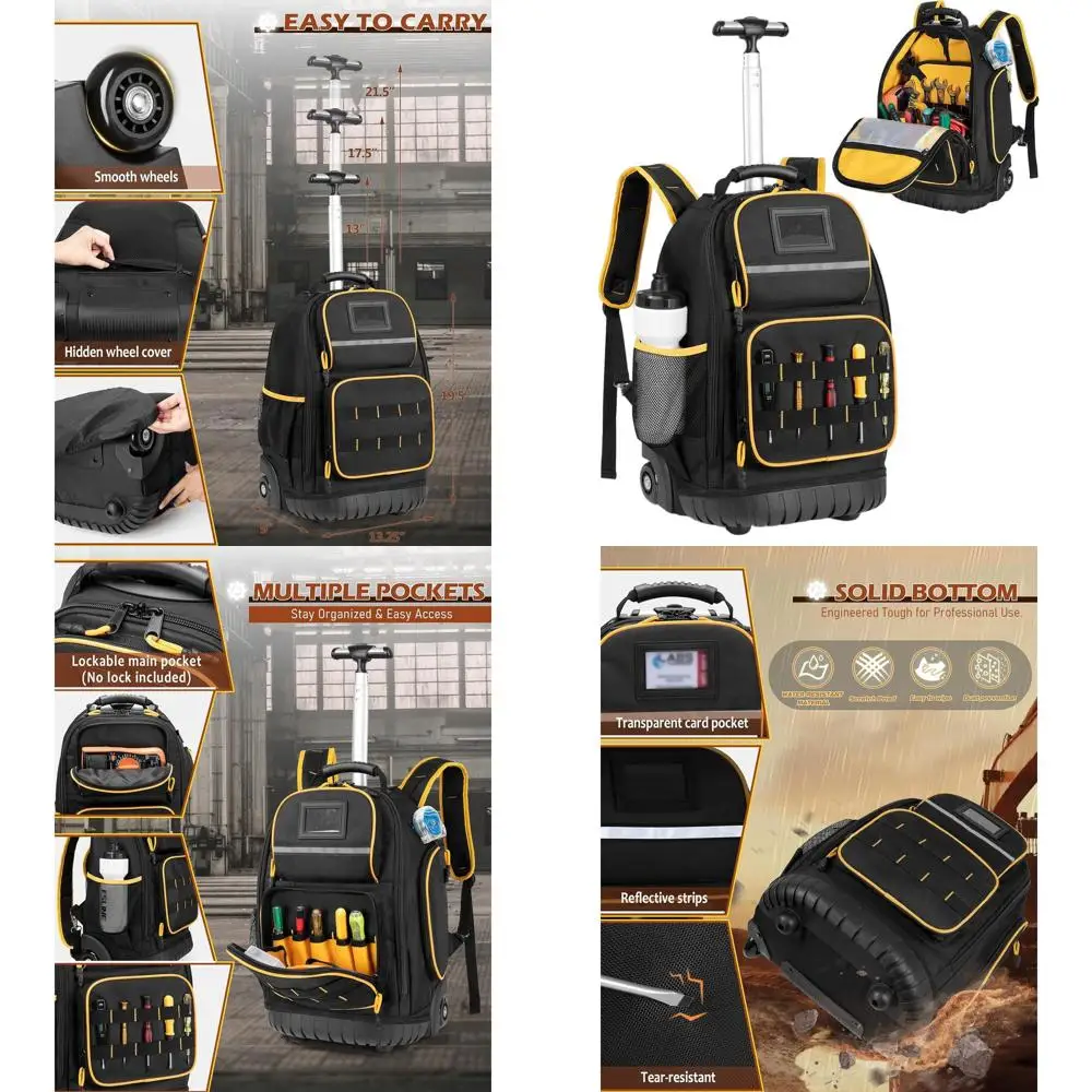 

Прочный рюкзак-тележка для инструментов со съемным внутренним блоком, черный, с колесами и множеством карманов