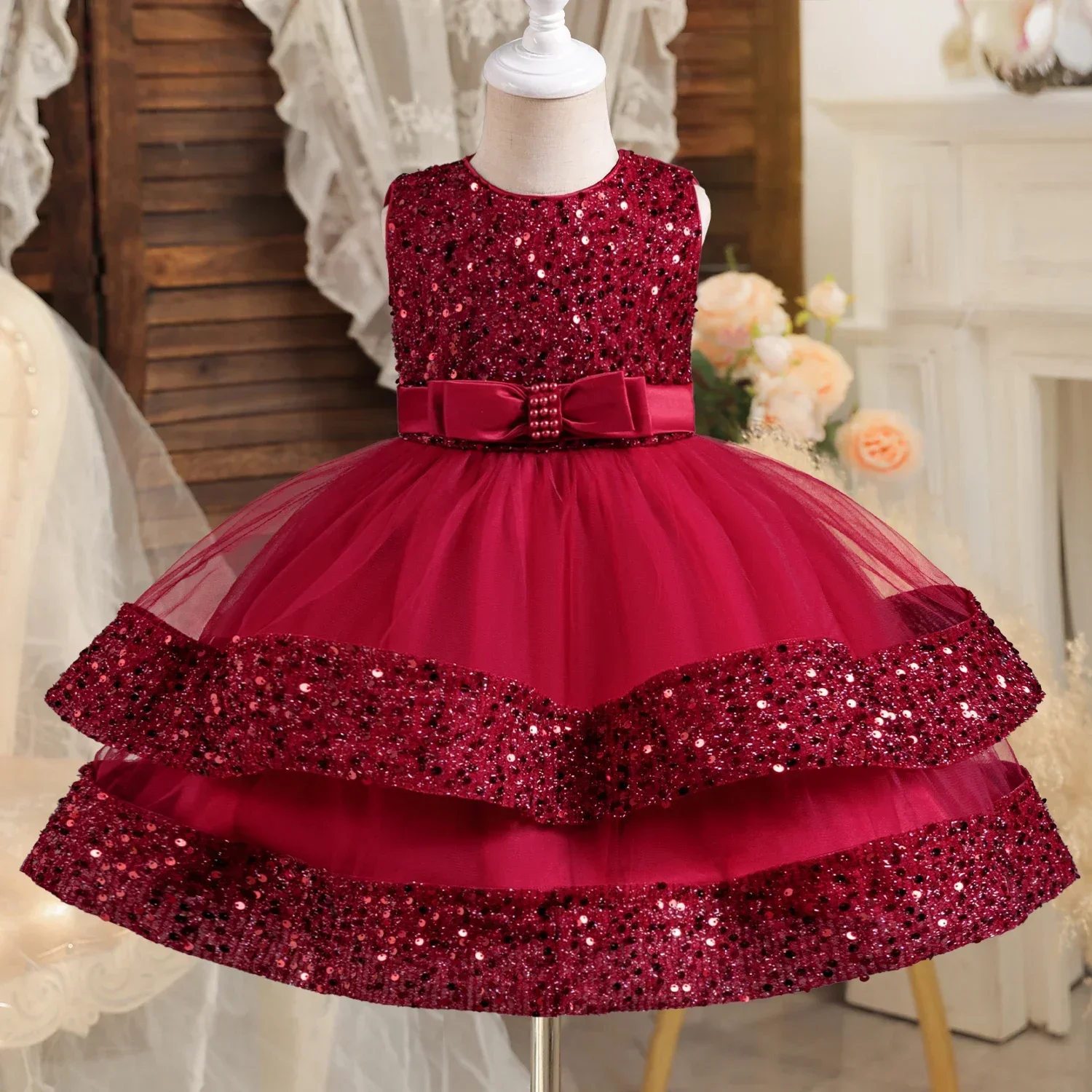 Summer Party Dress for Girls Sequined Sleeveless Tulle Tutu Gown Baby Girls Wedding Birthday Princess Dress Baptism Kids Clothes