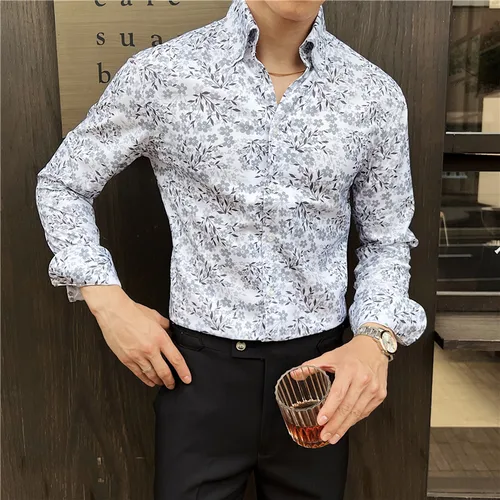 Imagen 2 del producto Camisa estampada para hombre, estilo británico, manga larga, cuello en V, moda informal, ajustada, ropa de hombre de alta calidad, otoño 2025