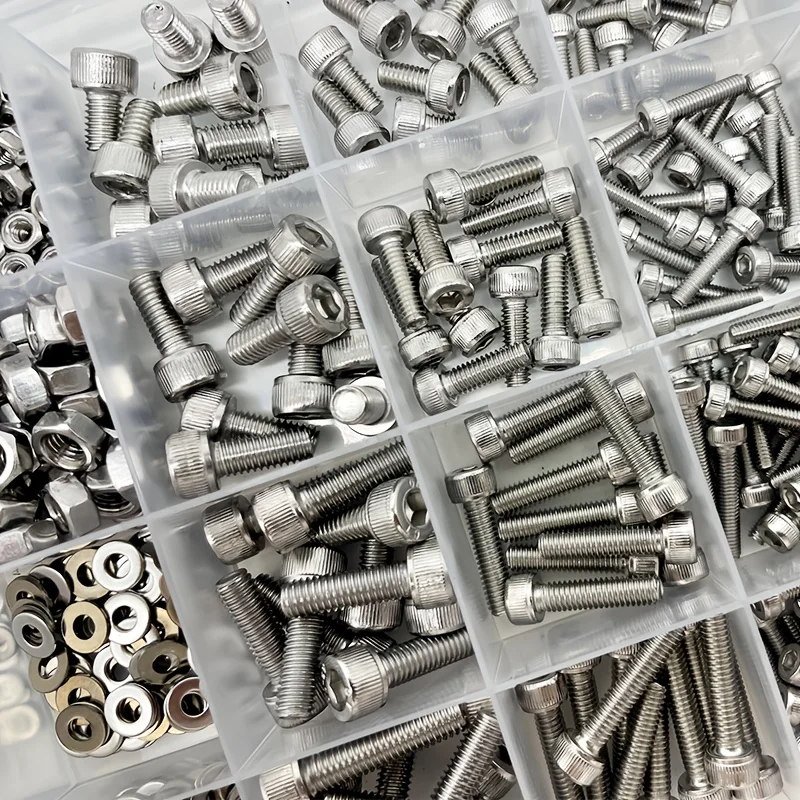 

850Pcs Stainless Steel Hex Socket Cap Screws Bolts Nuts Washers Assortment Kit- M3 ，M4， M5， M6, 4 Specifications 16 Sizes