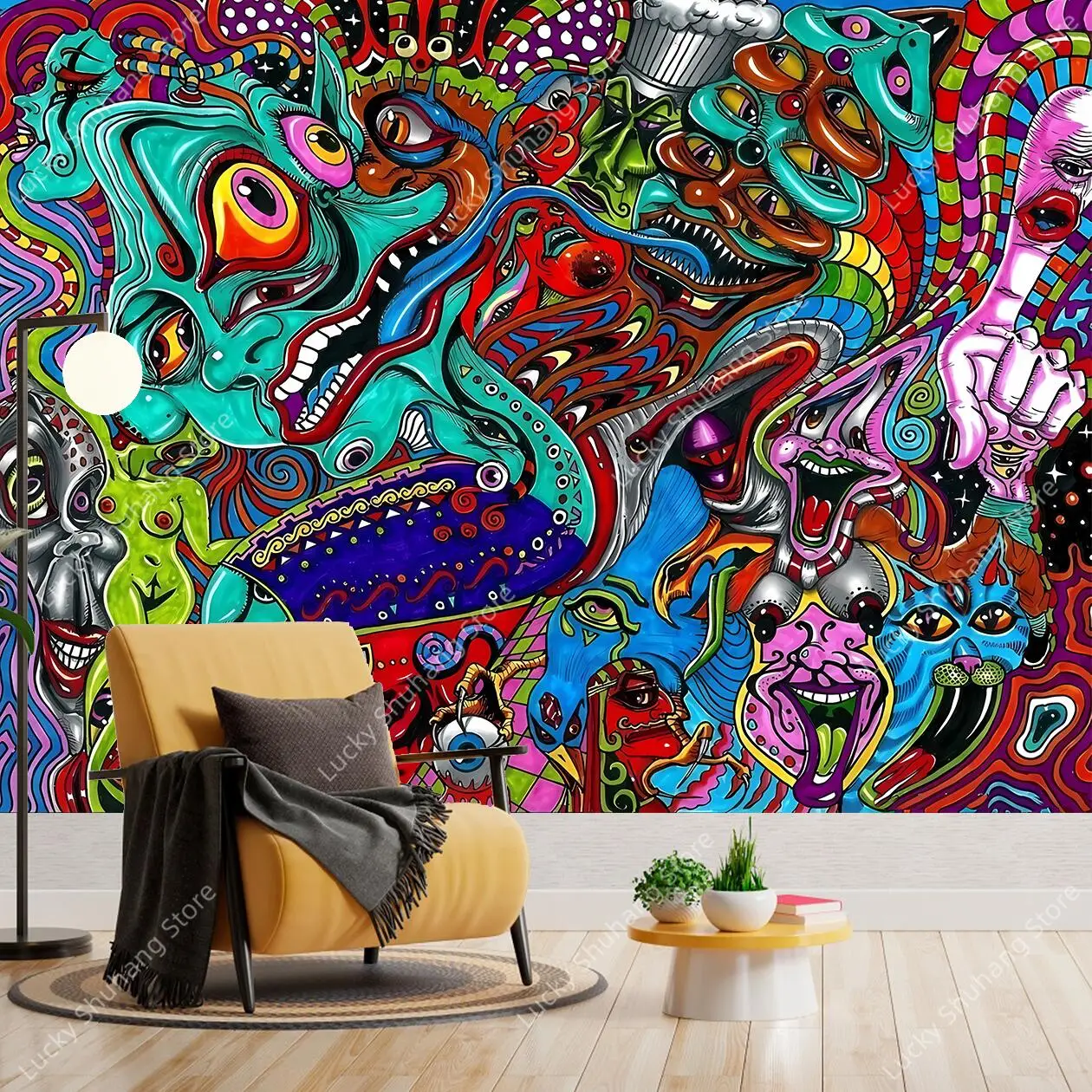 Next Era Visionary Wall Tapestry Surreal Fantasy Creatures Neon Bright Colors Hand Drawn Psychedelic Art Modern Room Decor