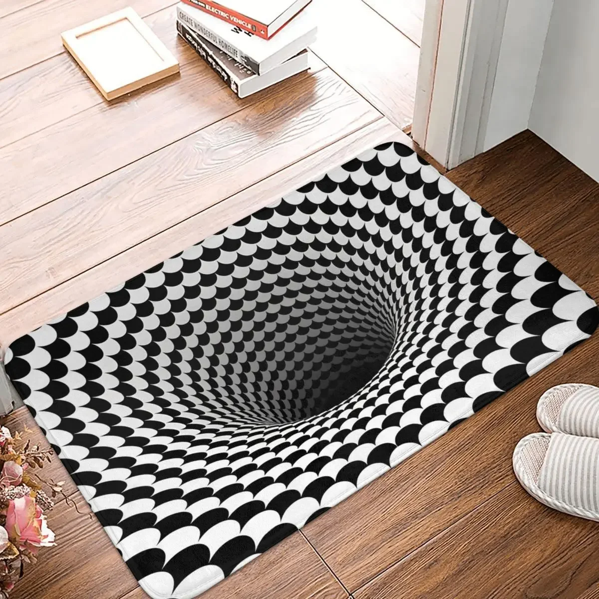 Optical Illusion Anti-Slip Doormat Mat Black And White Scales Houndstooth Black Hole Vortex Balcony Carpet Door Rug Indoor Decor