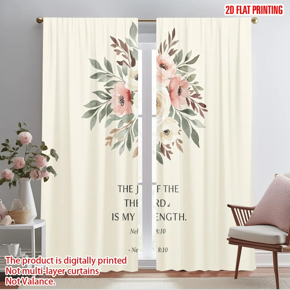 

2pcs 2D flat printing Window Curtains Floral Scripture Strength 100% Polyester Without Electricity Festive Holiday for Home