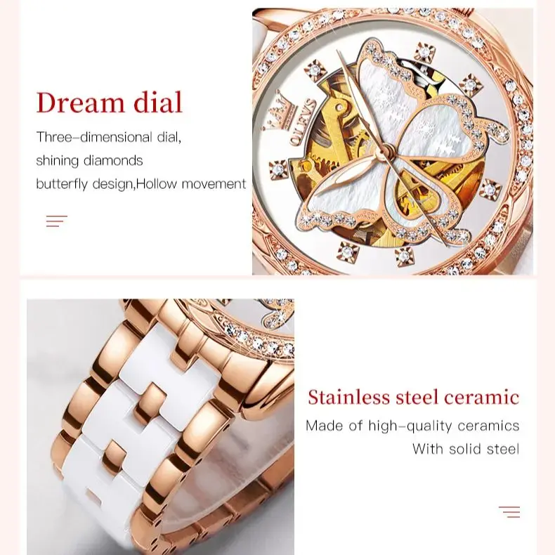 OLEVS 6622, элегантные женские часы, роскошные бриллианты, розовое золото, бабочка, женские автоматические механические часы, модный комплект браслетов, часы