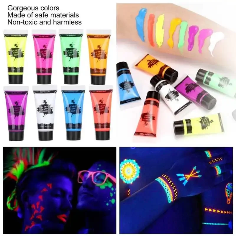 8 unids/lote 10g pintura de arte corporal fluorescente fiesta maquillaje de Halloween Cosplay luz de carne niños cara shied color pintura brillante UV al por mayor