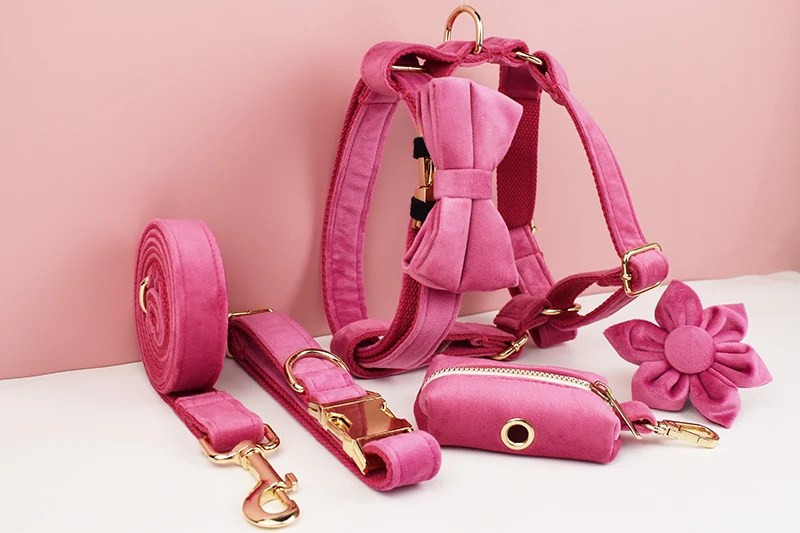 Rosarotes Samt-Hundehalsband und Leinen-Set für Hunde, individuell graviertes Namensschild, Heimtierbedarf, Hundeleine, Velvet23 – Detail 2