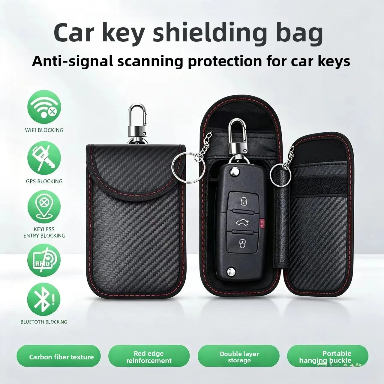 Carbon Fiber RFID Key Fob Protector Pouch Faraday Bag for Car Keys Anti-Theft Signal Blocking Blocker Layer Shielding with Hook
