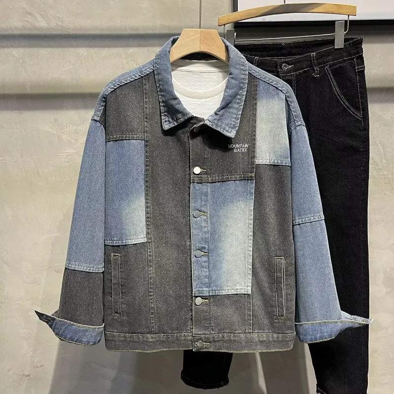

Mens American Style Patchwork Retro Trendy Design Denim Spring Autumn New Style Fashion Loose Casual Jacket Top
