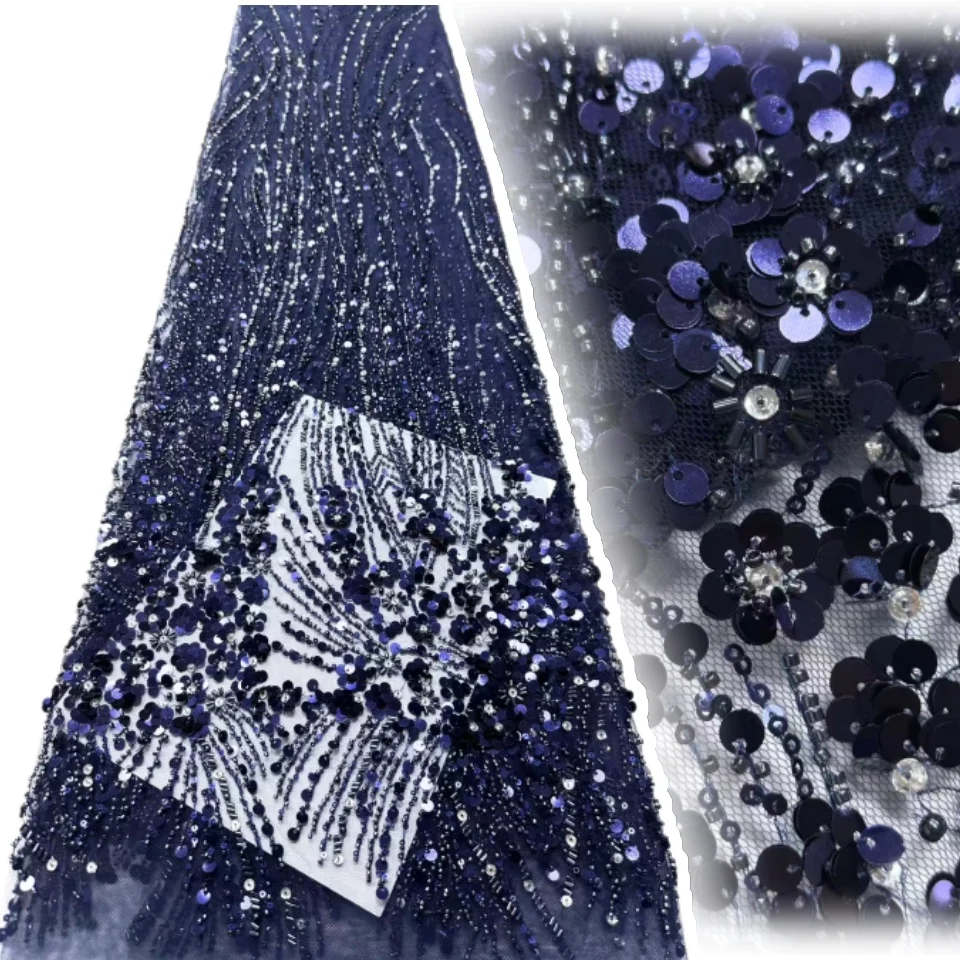 Najnowsza afrykańska francuska tkanina z cekinami, siatka koronkowa, wysokiej jakości haftowana tkanina z koralikami, 5 jardów na sukienkę ślubną dla kobiet, CC1701