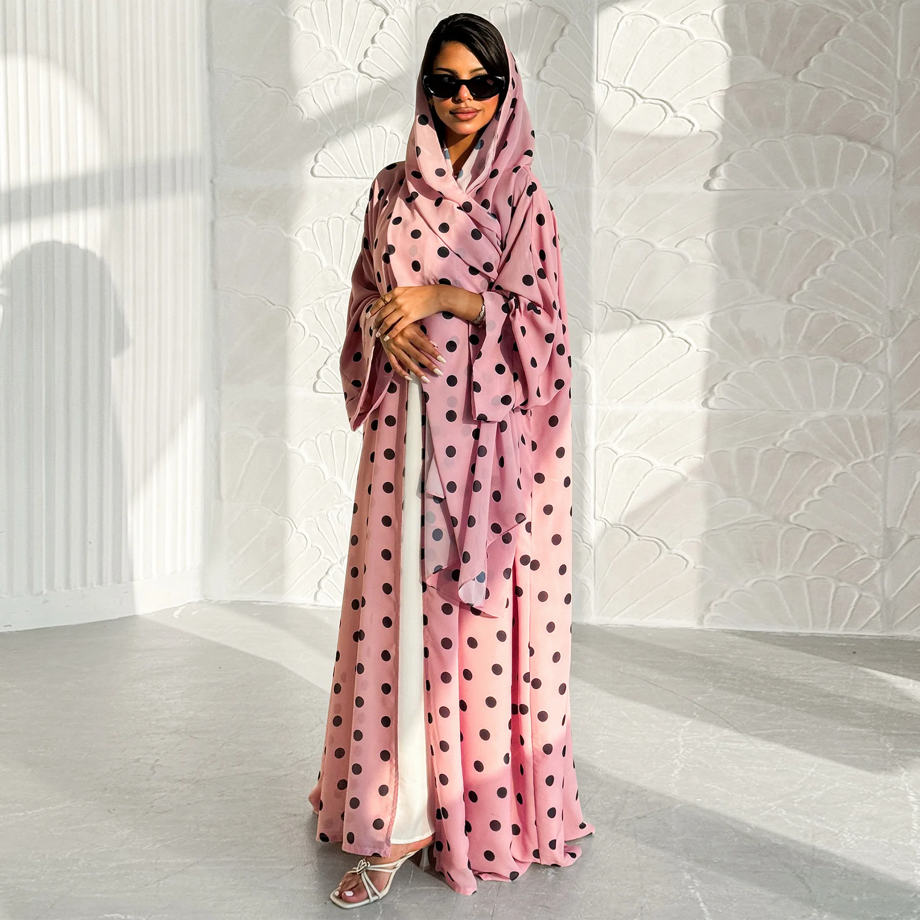 이드 무슬림 여성복 오픈 아바야 카디건 로브 히잡 2피스 세트 잘라비야 모로코 도트 프린트 라마단 두바이 카프탄 베스티도스