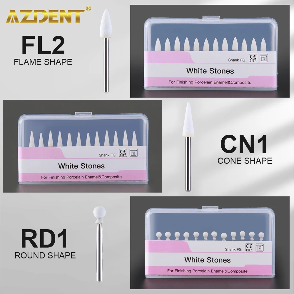 12pcs/Pack AZDENT Dental Polisher White Stone Flame Cone Round Shape Polishing Tool Metal Resin Porcelain Dentistry Instrument