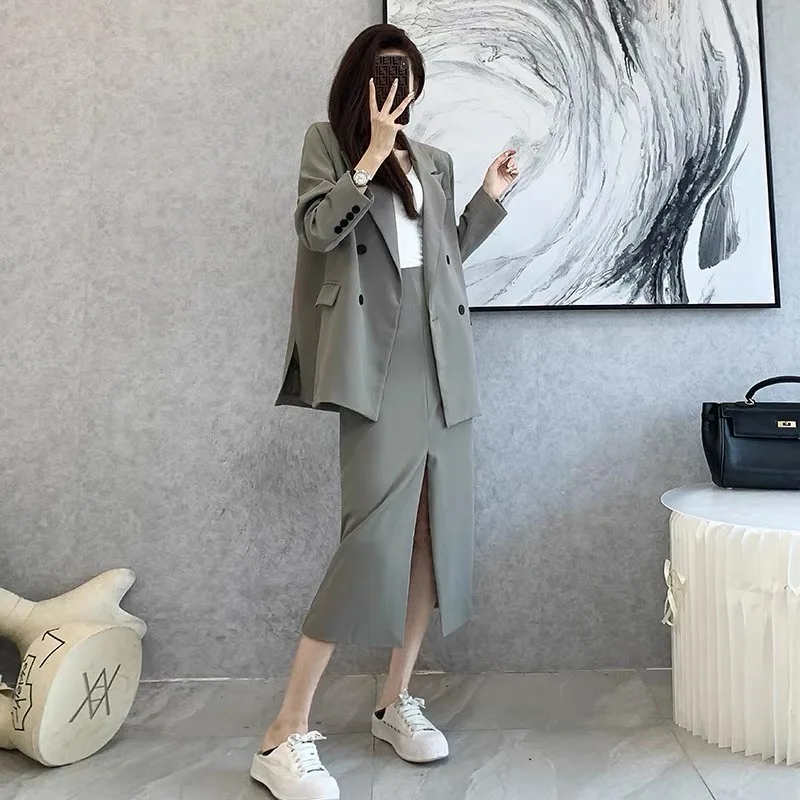 Spring and Autumn Solid Color Skirt Suit Female Long-sleeved Double-breasted Blazer & High Waist Open Pencil Skirt Female Suit