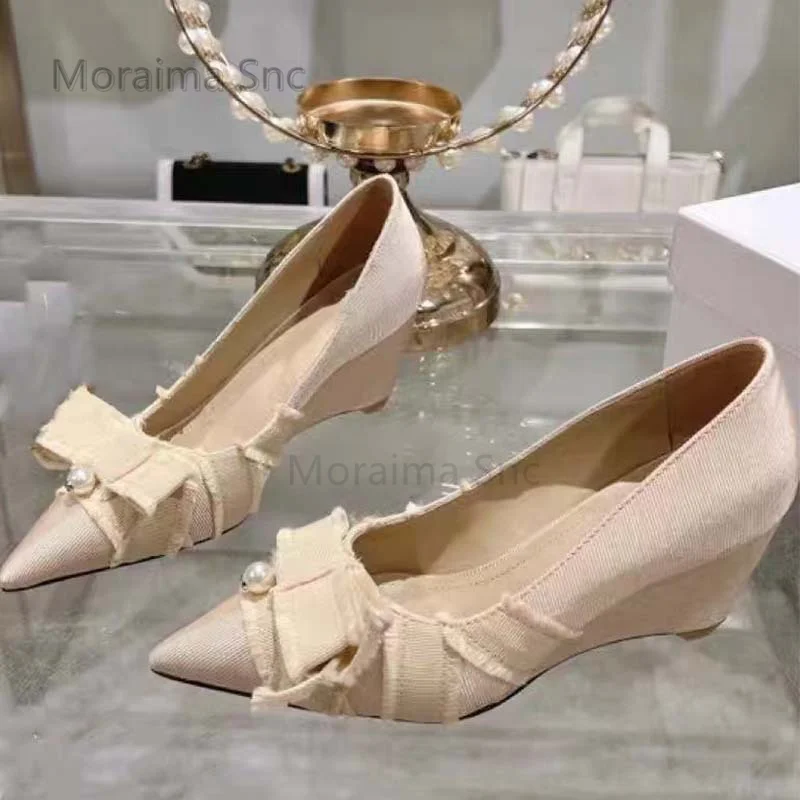 

Bowknot Fringe Pointed Toe Wedges Pumps Women's Pearl High Heels Spring New Fashion Shallow Comfortable Office Party Shoes