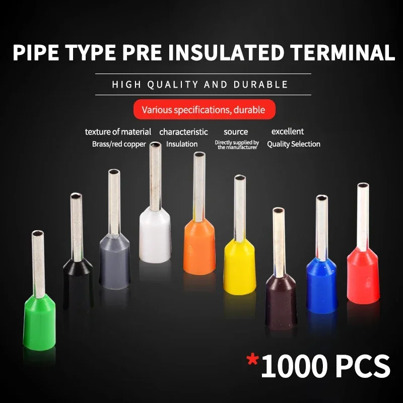 1000/500 pcs copper cable insulated connector terminal Crimping terminal Cold insulated terminal VE0508 7508 1008 1508 2508 4009