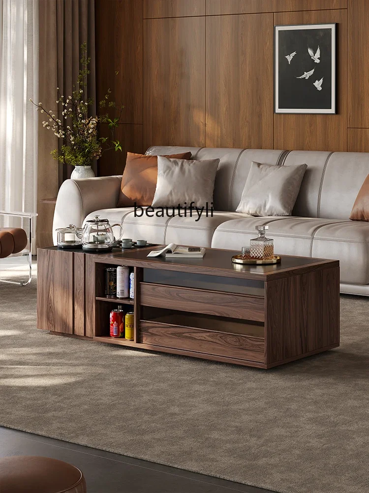 

Light luxury and high-end living room, household solid wood coffee table, integrated tea making, small apartment rock slab