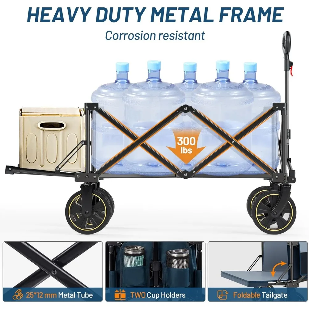 عربة شديدة التحمل بسعة 300 رطل وقابلة للطي طويلة جدًا مع باب خلفي وفرامل، عربة أدوات قابلة للطي للمغامرات الخارجية