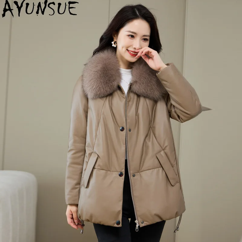 AYUNSUE Sheepskin Genuine Leather Jacket Women Warm Fox Fur Collar Womens Coats Winter Clothes Mid-length White Duck Down Coat